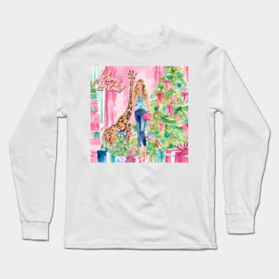 Preppy girl and giraffe decorating Christmas tree Long Sleeve T-Shirt